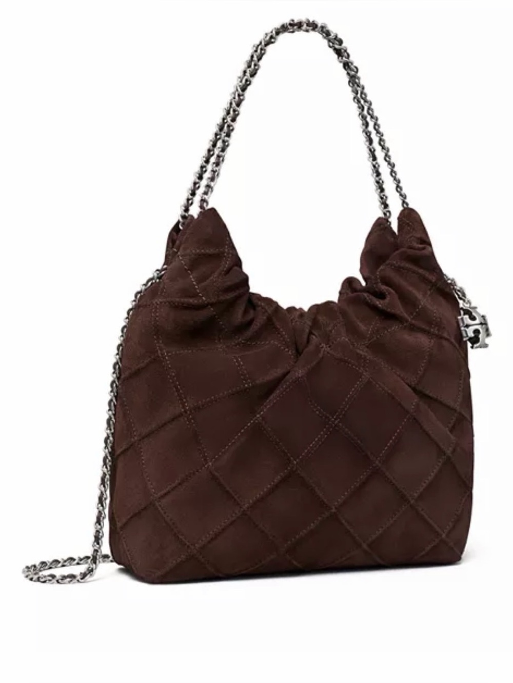 Tory Burch Quilted Brown Suede Shoulder Bag with Silver Chain